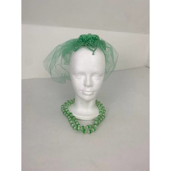 Vintage 40s 50s Wedding Veil & Headpiece & Beads West Germany Seafoam Green main image 4
